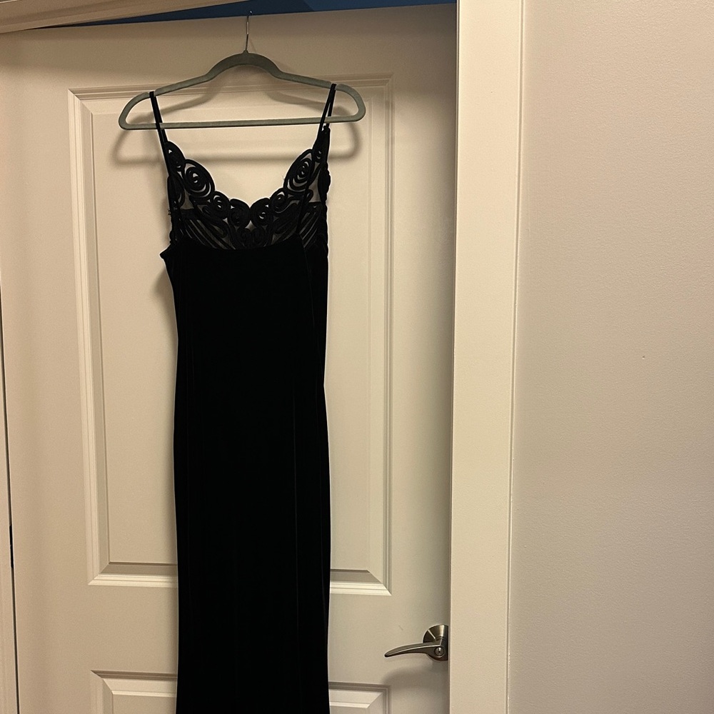 Black Velvet Slip Dress with Laser-Cut Scallop Bodice